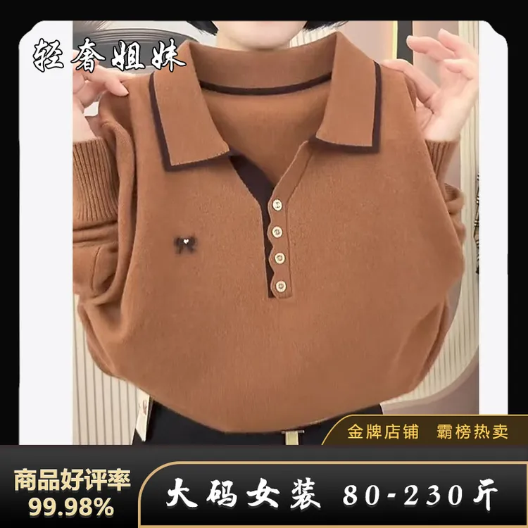 【80-230斤】秋季轻奢气质减龄宽松遮肉显白POLO领长袖打底针织衫女