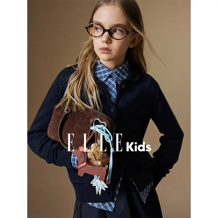 ELLE KIDS 娃娃领针织开衫女儿童秋季新款蘑菇扣绣花长袖毛衣Q5
