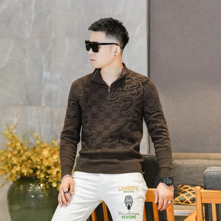 2025冬季新款咖色立领半拉链针织衫男修身厚款保暖帅气潮毛衣5103