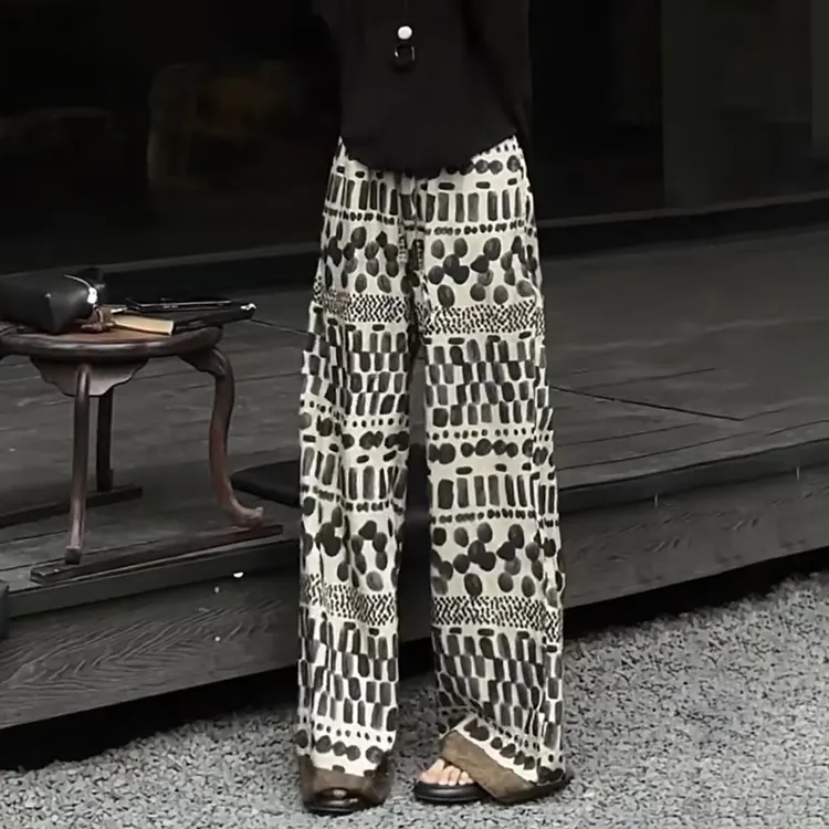 V/雅鹿设计感高腰显瘦印花阔腿休闲裤女夏季新款时髦百搭直筒长裤