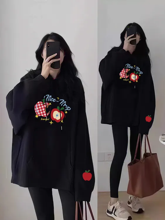 酒红色连帽卫衣女秋冬季2025爆款时尚洋气大码慵懒风套头加绒外套