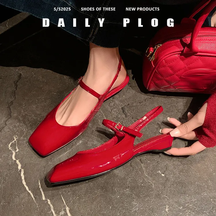 轻奢鞋子2025真皮女鞋包头凉鞋女夏外穿浅口单鞋时装凉鞋红色鞋子