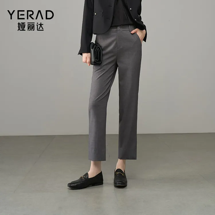 娅丽达时髦开叉直筒裤女夏装休闲裤2025新款黑色裤子小个子烟管裤