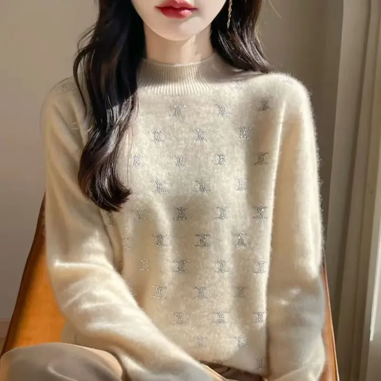 烫钻新款套头羊毛衣宽松外穿针织衫亮片软糯打底