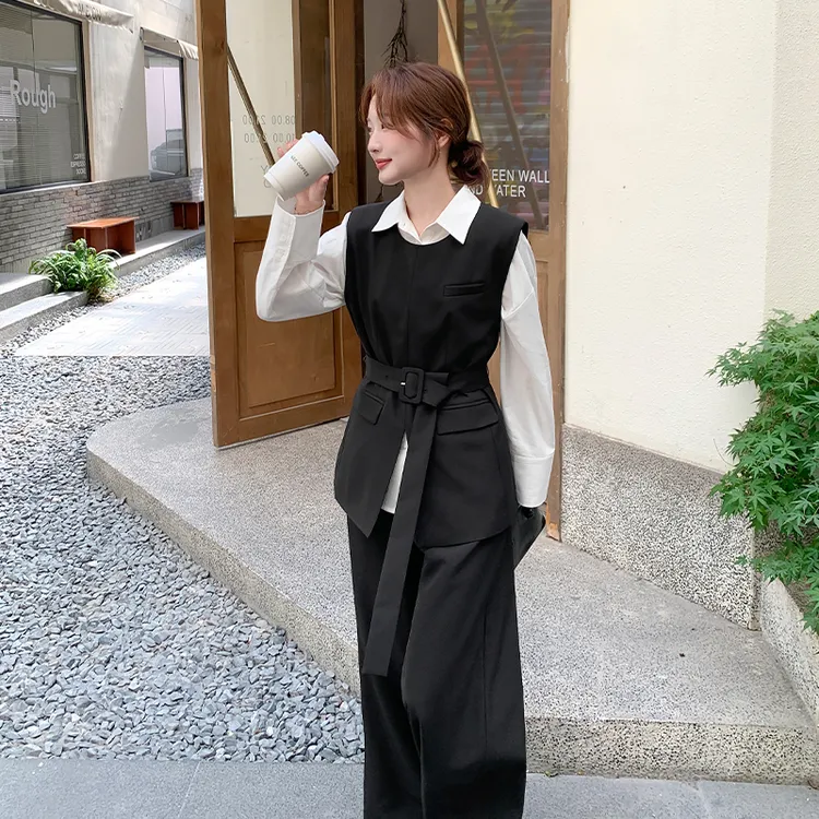 韩系气质系带收腰马甲套装女2025秋季新款高级感衬衫阔腿裤三件套