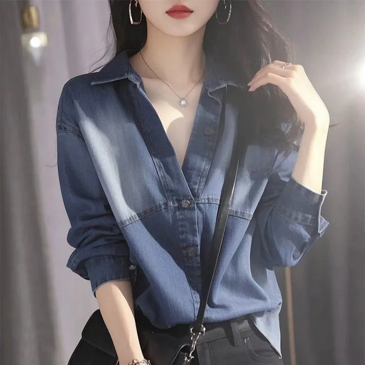 2025春季新款女装港风穿搭高级感复古蓝色牛仔POLO领长袖衬衫上衣