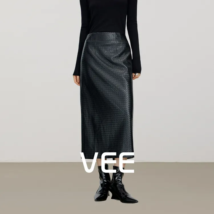 VEE【编织皮裙】时髦编织感半身裙女2025新款直筒长款皮半裙裙子