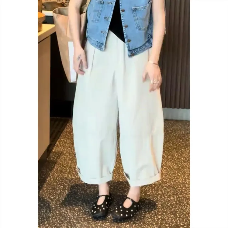 艾塔莉白色宽松遮肉休闲裤女春夏新款胖mm时尚阔腿裤大码九分裤