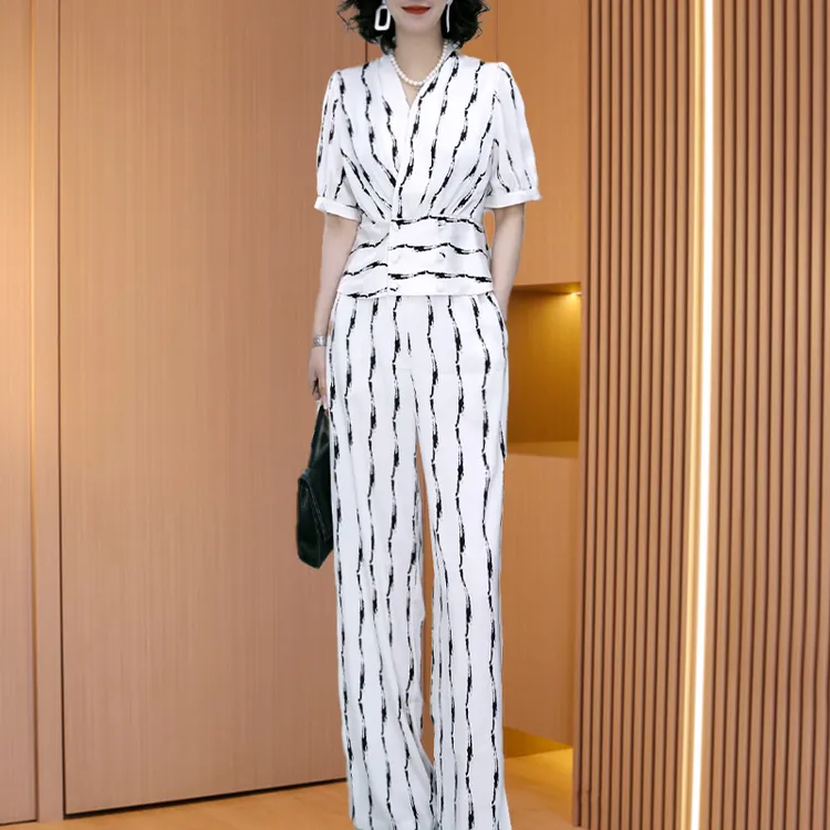 高端气质短袖两件套女夏天新款年轻妈妈显瘦阔腿裤套