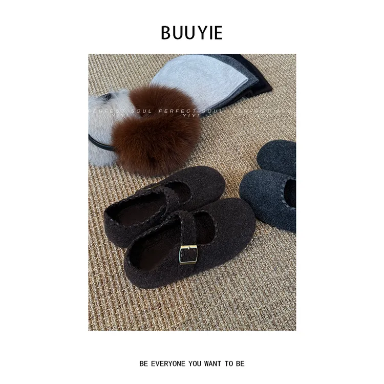 BUUYIE【棕絮】毛呢单鞋女2025秋冬新款复古气质休闲鞋251067