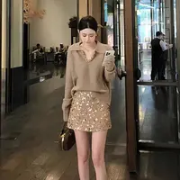 2025新款春季法式V领重工领纯色毛针织衫女高腰百搭亮片短裙