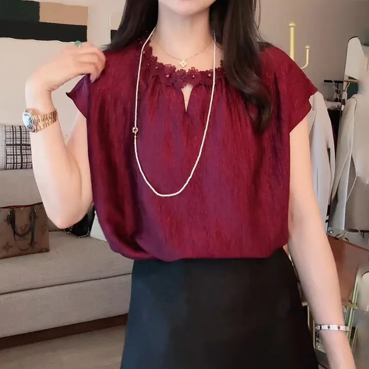 设计感花边镂空圆领衬衫女夏季新款气质胖mm洋气遮肉显瘦百搭上衣