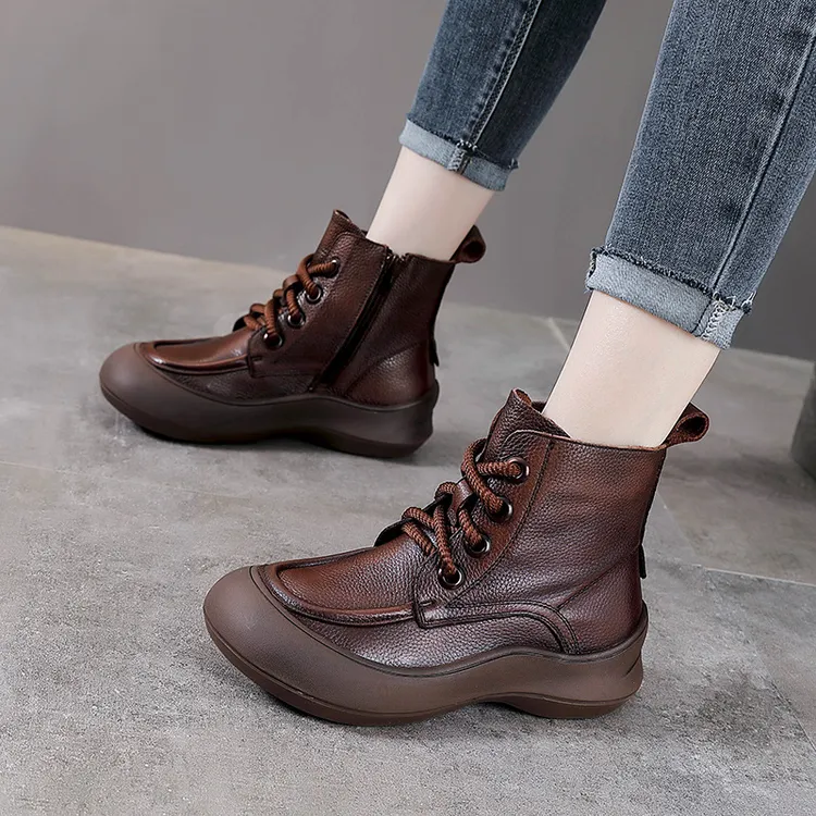 厚底马丁靴女秋冬新款松糕真皮系带休闲鞋复古头层牛皮及裸短靴子