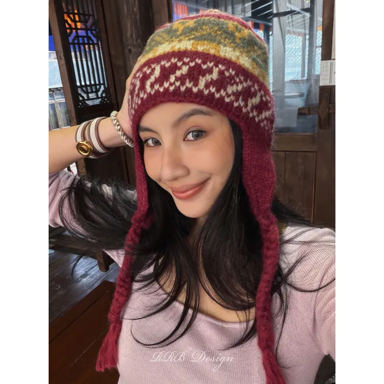 RRB Design 民族风复古花色毛线帽彩色保暖护耳帽
