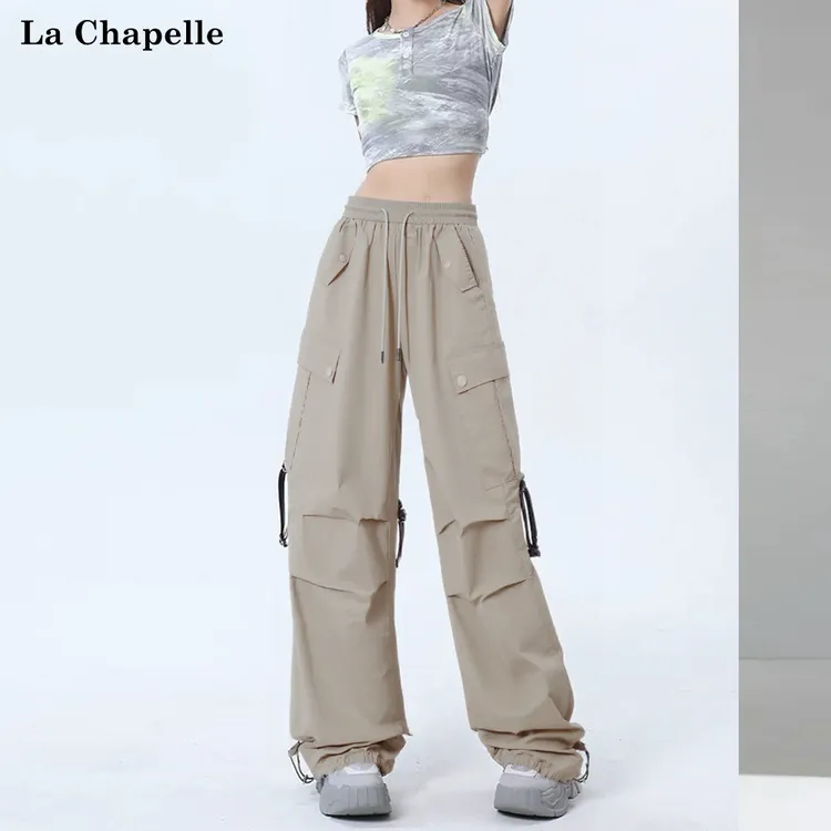 拉夏贝尔休闲裤女潮流夏季薄款美式高腰阔腿裤工装裤抽绳户外裤子