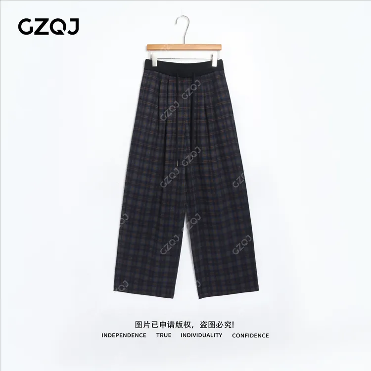 老琴私服【格纹漫游】毛呢格纹休闲裤女高腰冬季保暖阔腿长裤 0858