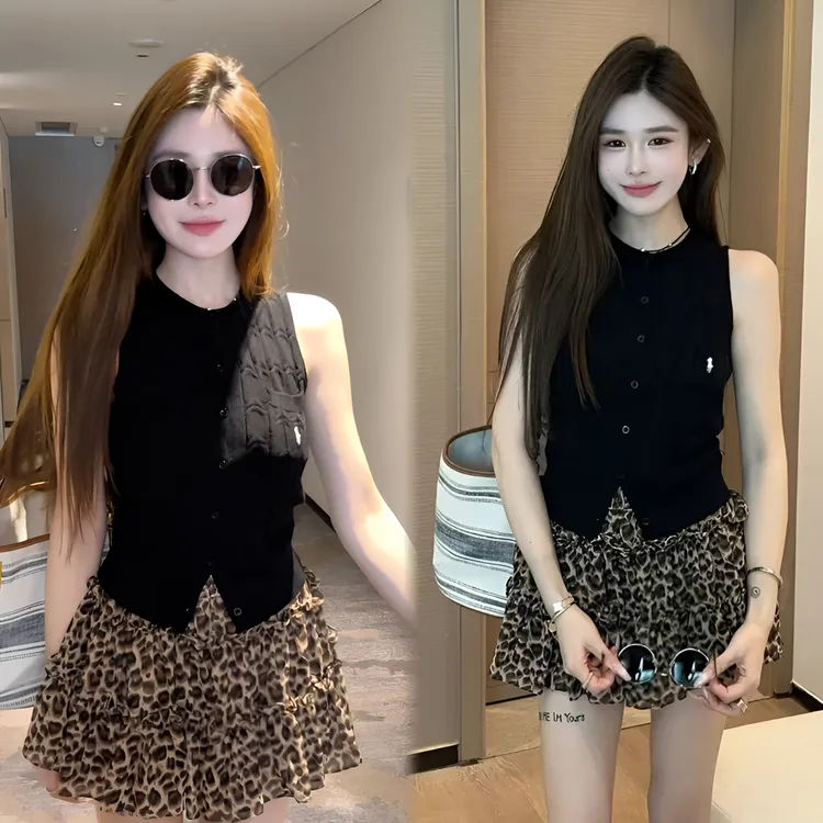 2025夏季女士时尚洋气新款百搭显瘦黑色背心+气质豹纹半裙套装