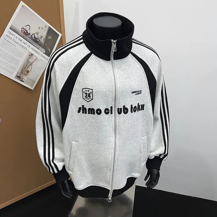 美式高街撞色拼接立领开衫卫衣男春秋潮牌痞帅宽松情侣高级感外套