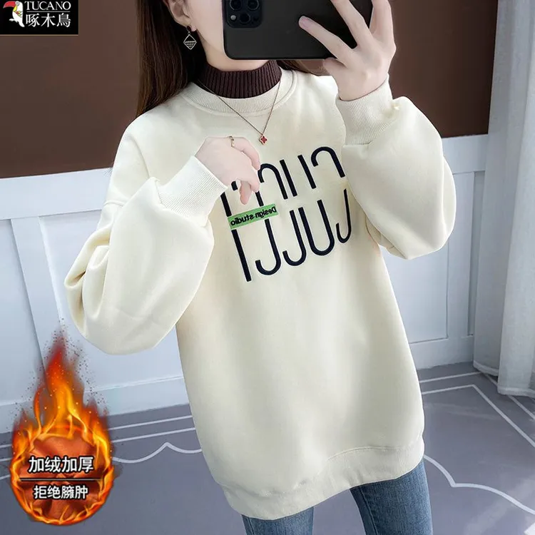 啄木鸟冬季2025加绒加厚刺绣卫衣女假两件半高领宽松百搭长袖上衣