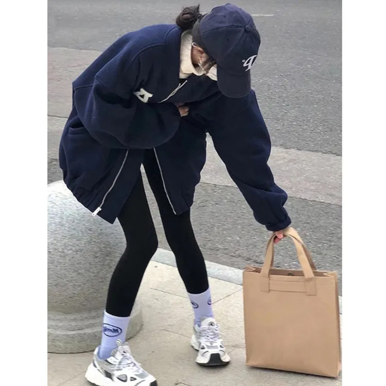 蓝色卫衣女2025春秋季韩版宽松中长款慵懒风休闲百搭棒球服外套
