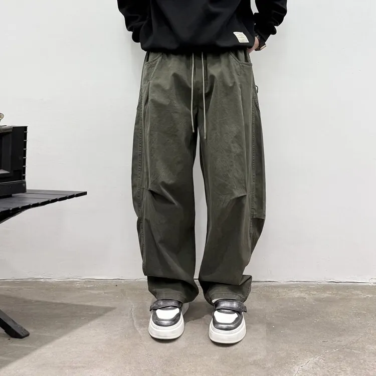  秋季宽松ins水洗直筒港风高街美式百搭工装弯刀裁剪男士休闲裤