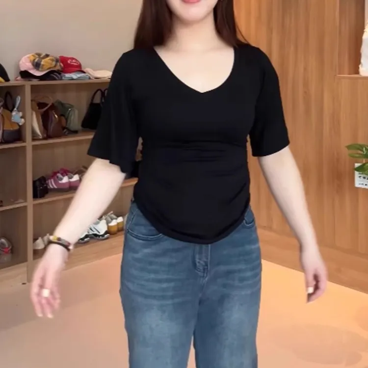 大码女装洋气V领正肩短袖t恤夏季新款胖mm遮肚子显瘦收腰洋气上衣