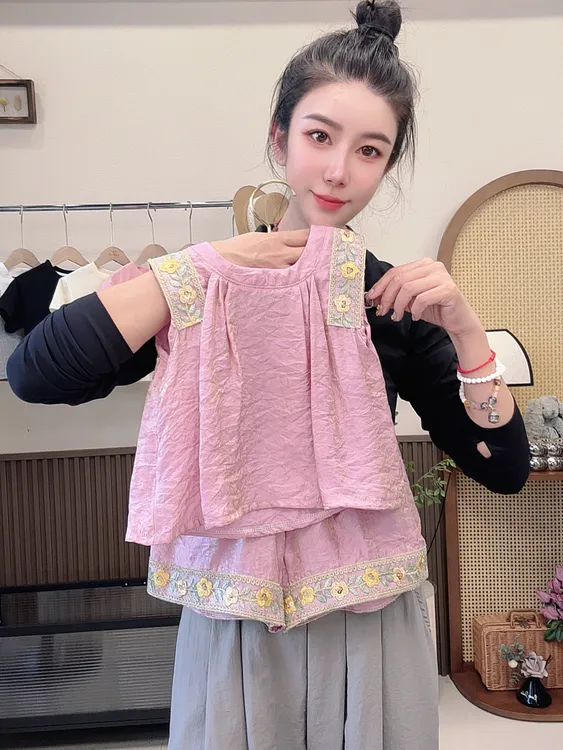 【浮光锦】新款女童重工刺绣提花套装亲子装两件套夏季时尚无袖洋气