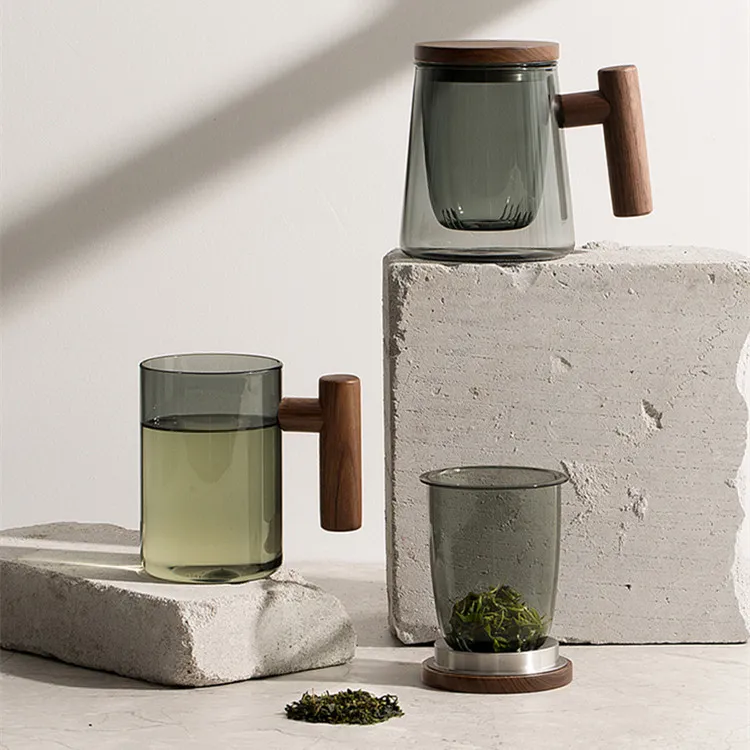 日式分离茶杯办公室玻璃茶杯高档木把茶水分离水杯高级感男泡茶杯