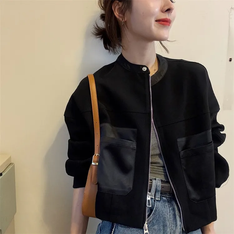 新款休闲百搭复古短外套洋气设计感立领小个子女夹克上衣女装短款