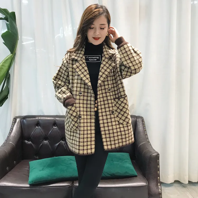 英伦复古格子西装领大衣女2024秋季新款加厚时尚拼接针织袖外套潮