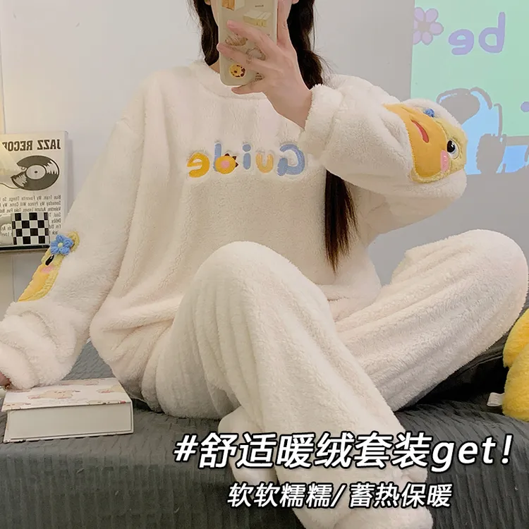睡衣女冬季珊瑚绒长袖加绒加厚保暖爆款套装卡通可爱家居服可外出