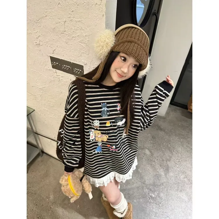 晶咕【几禾岛屿】宽松立体下摆蕾丝拼接加绒卫衣长袖女