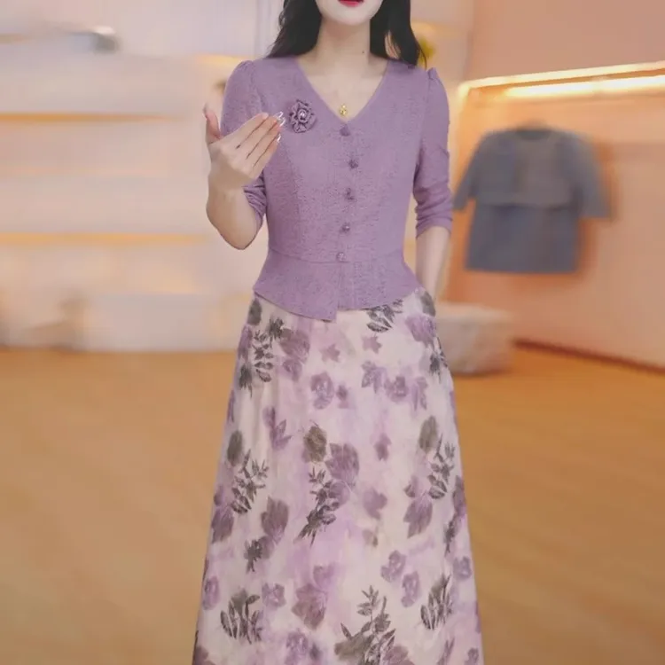 2025春夏季新款时尚优雅气质修身显瘦拼接假两件七分袖连衣裙女