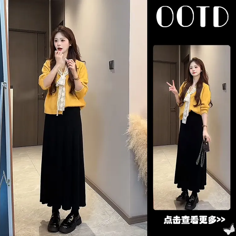 超火秋季穿搭一整套女2025新款蝴蝶结针织开衫百搭半身裙两件套