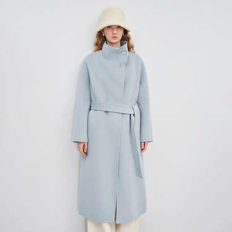 自巧巧制STUDIO 小个子绵羊毛蓝色立领两粒扣大衣25ZQ94119