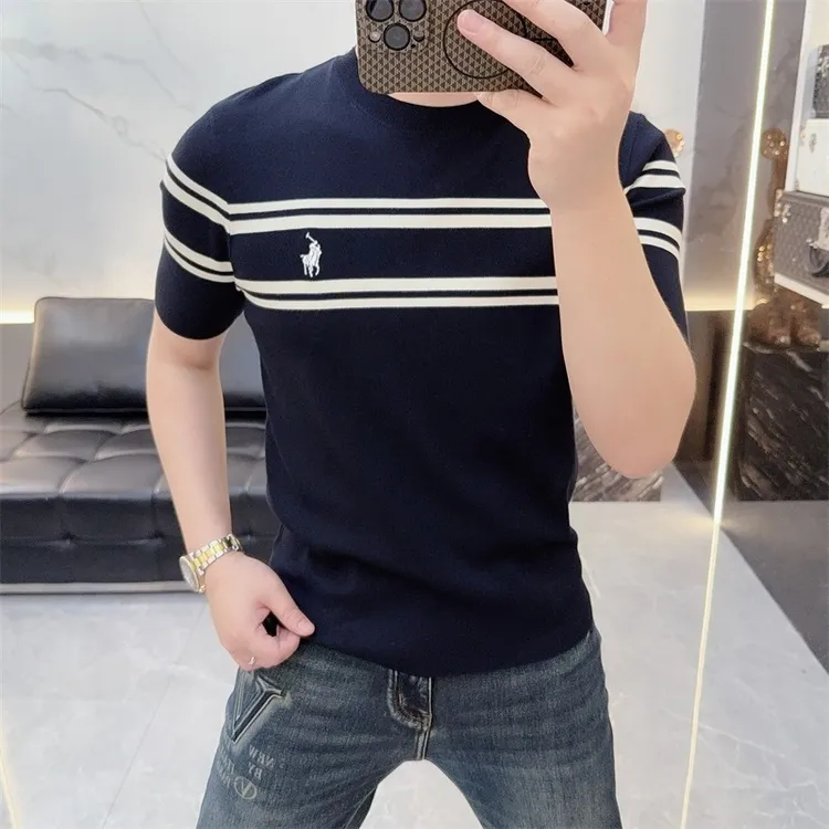 毛衣男2025秋季新款欧货修身帅气百搭条纹徽章圆领休闲短袖针织衫