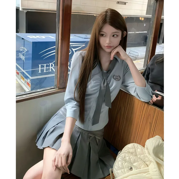 【坏学姐】2025春季新款制服学生减龄学院修身领结衬衫配百褶裙套装