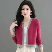 下摆时尚蕾丝边针织女开衫春秋季高腰上衣小个子V领短款毛衣外套