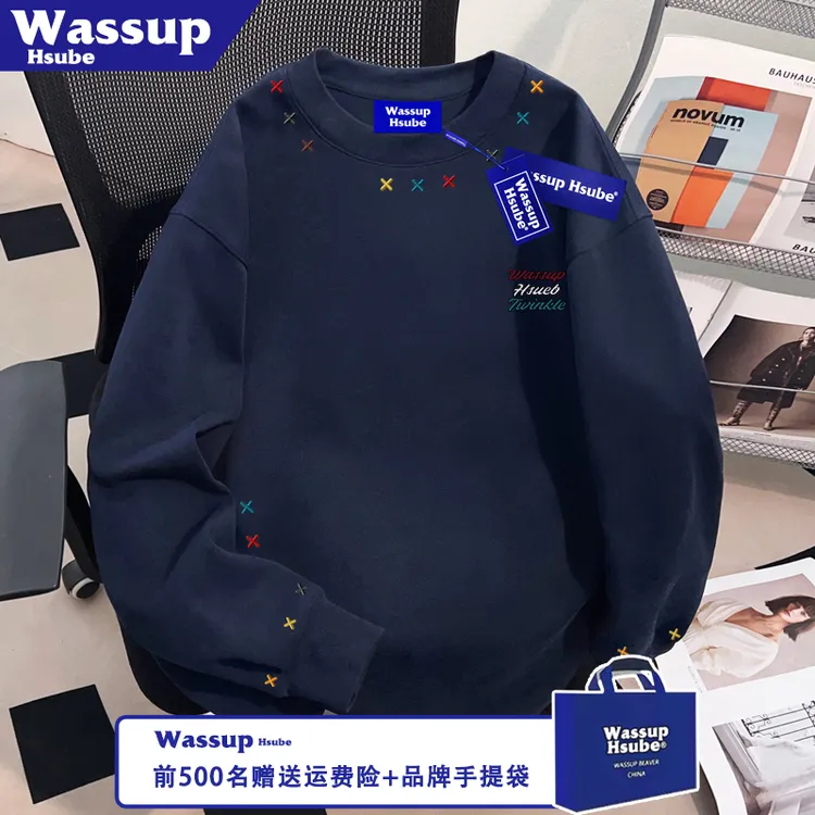 WASSUP HSUBE街头原创字母印花T恤ins100%棉秋长袖藏青男女款上衣