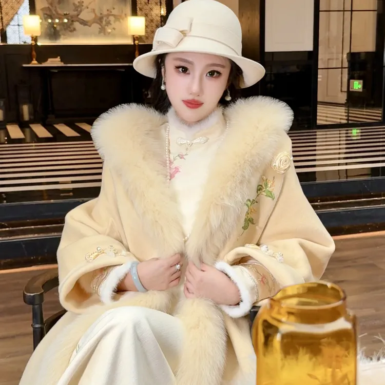 【媛珠 金桂暖阳】重工羊毛大衣狐狸毛时尚套装系带收腰长款冬款