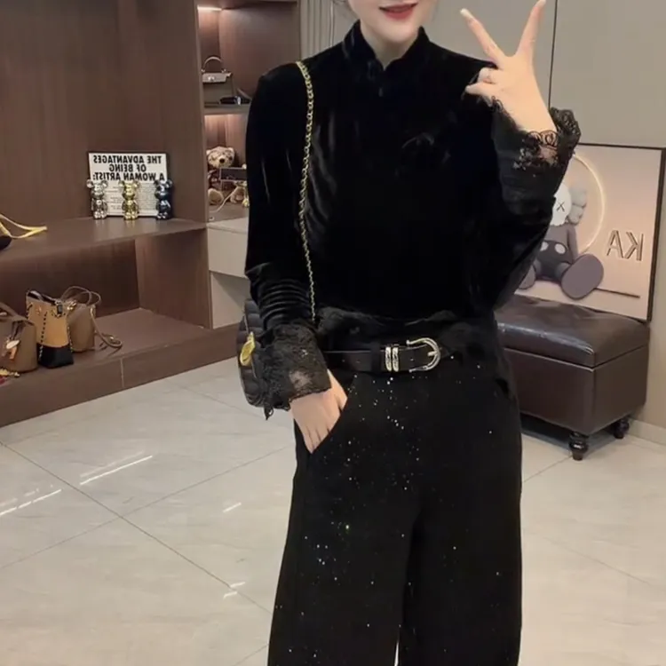 轻奢复古风盘扣立领长袖拼接丝绒打底衫