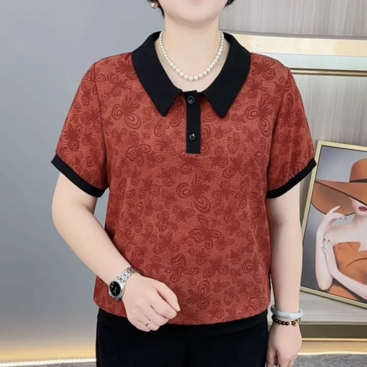 夏季新款时尚翻蝴蝶印花洋气妈妈装宽松显瘦休闲短袖上衣H5681