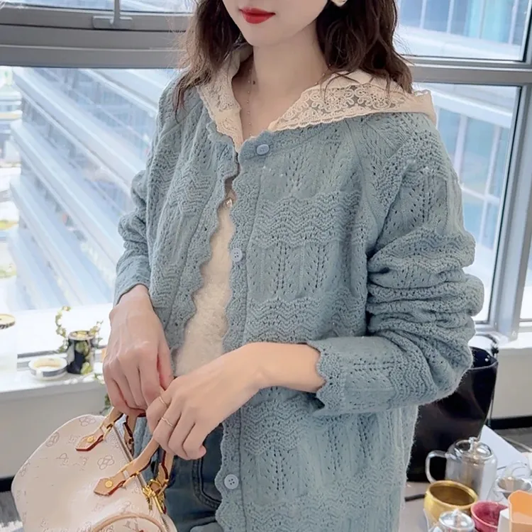 百搭老钱风镂空长袖针织开衫女2026春秋新款时尚宽松显瘦打底上衣