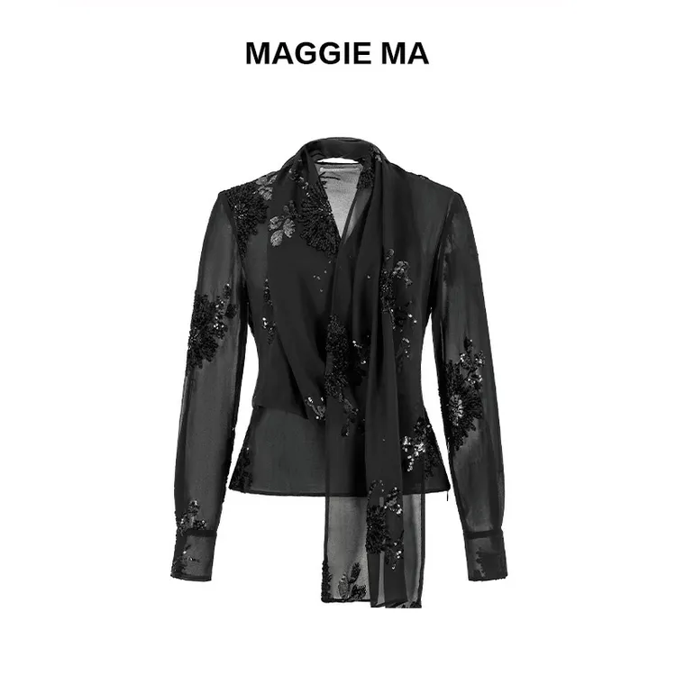MAGGIE MA马婧设计师款早春别致漂亮小衫亮片绣花丝巾雪纺衫047S