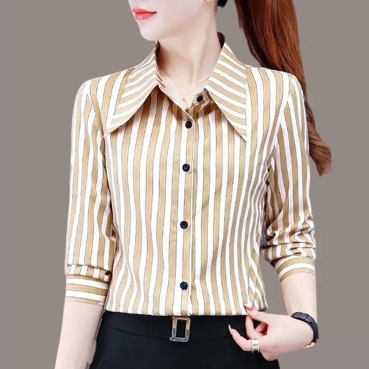 衬衫显瘦气质衬衣长袖洋气打底条纹韩版春秋时尚休闲百搭夏季宽松