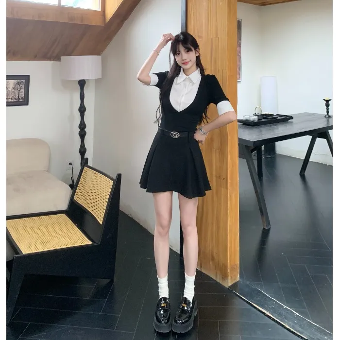 大码胖mm学院风假两件撞色衬衫连衣裙女夏季新款显瘦气质辣妹短裙