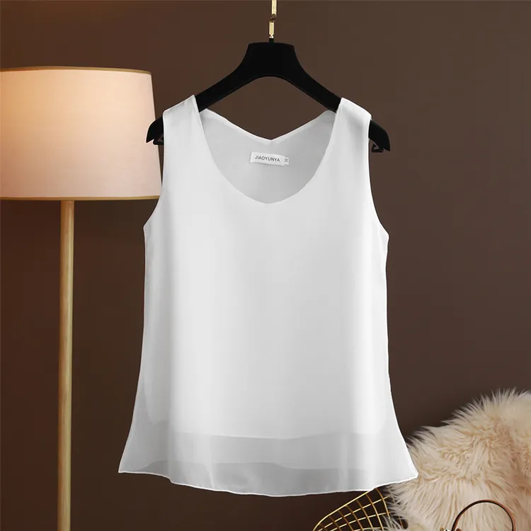 雪纺白色背心女夏季新款纯色圆领吊带上衣外穿宽松无袖西装打底衫