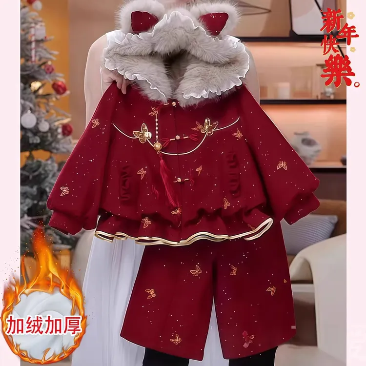 女童冬款英伦风套装拜年服红色单排扣冬季女外套女童