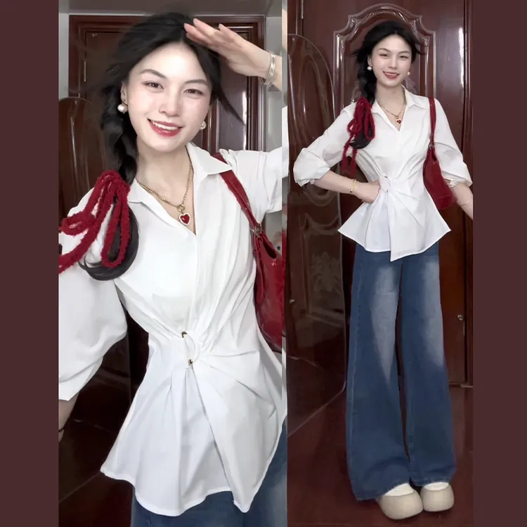 新款法式白色衬衫女夏季穿搭小众设计感衬衣气质通勤收腰上衣3127