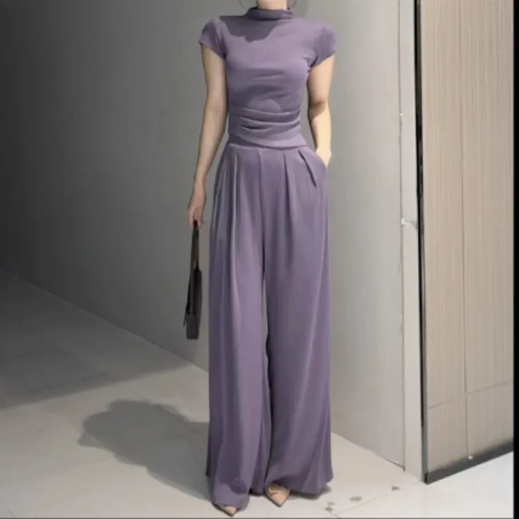 新款气质百搭减龄T上衣直筒阔腿裤子两件套00376